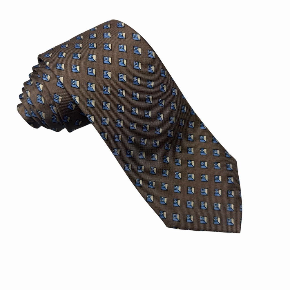 Hermes Men's Vtg Tie Geometric "H" Logo Brown/Blue Silk 914 HA 3.25" x 56.5" euc - Picture 2 of 5